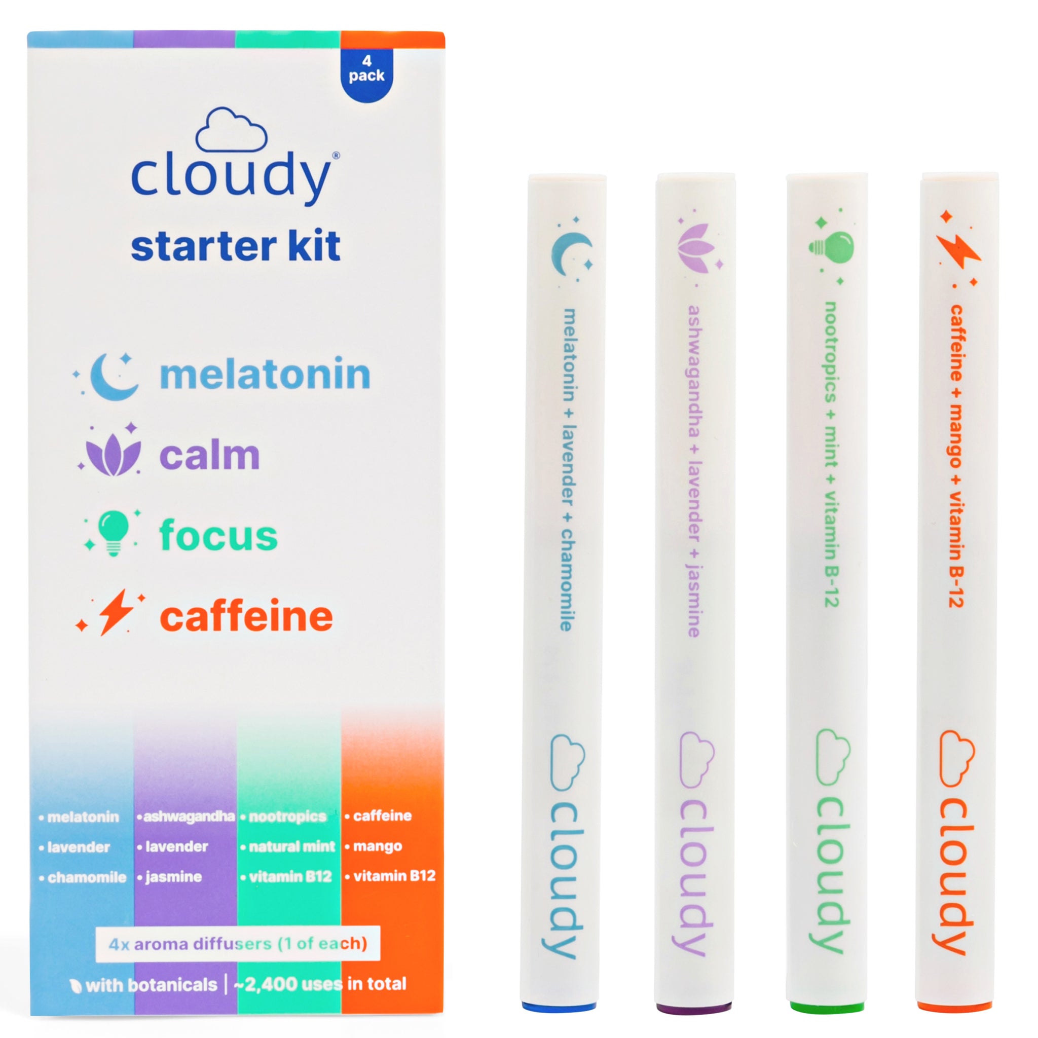 Cloudy Starter Kit: All Diffusers (Melatonin, Caffeine, Calm, Focus Personal Aroma Diffusers) Cloudy Starter Kit: All Diffusers (Melatonin, Caffeine, Calm, Focus Personal Aroma Diffusers)
